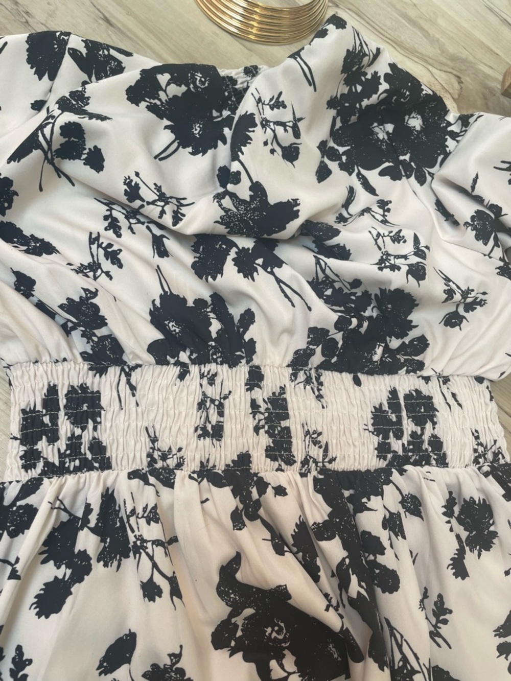 Floral Long-Sleeve Smocked Waist Dress - Black on Cream - Picture 3 of 3